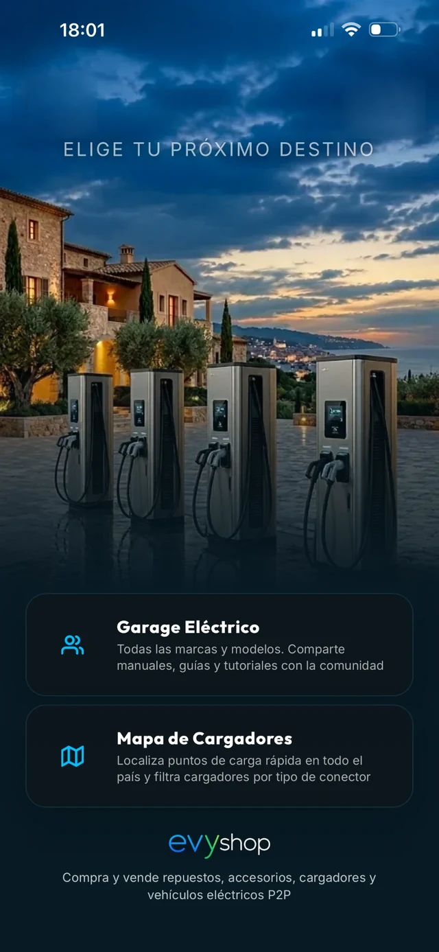 Pantalla principal de evy: accesos a Garage Eléctrico, Mapa de Cargadores y evyshop
